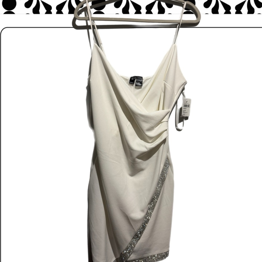 White Cowl Neck Spaghetti Strap Dress with Silver Trim